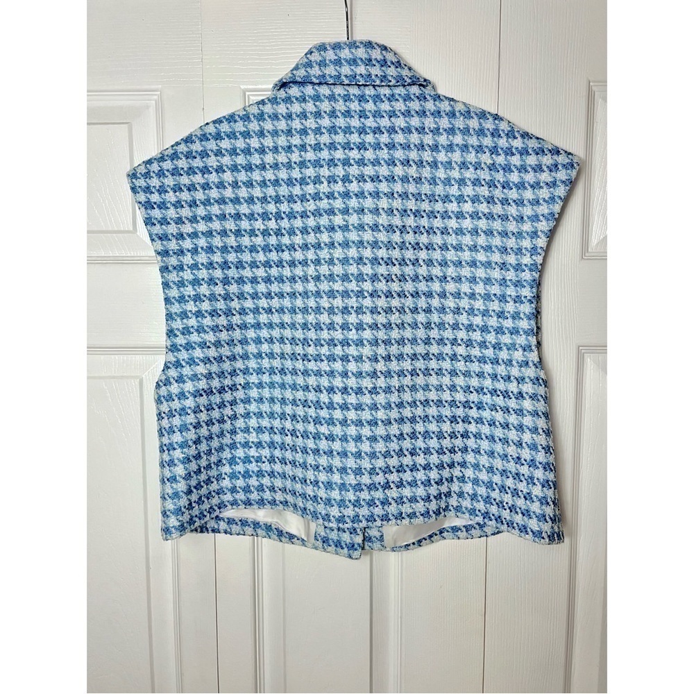 Zara Blue White Tweed Houndstooth Cropped Vest Jacket Size Large - Picture 9 of 10